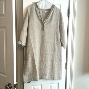 Chico’s tan linen dress, size 2. Embellished jeweled collar. Never worn.